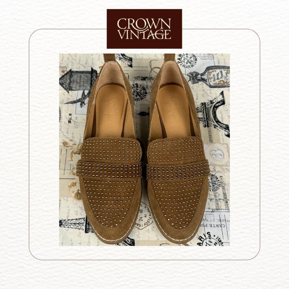 Crown Vintage Lorina Loafer, Brown Suede, Metallic Studs, Almond Toe, Women's 6M